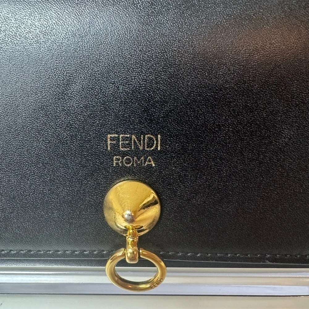 Fendi Women’s Black Long Leather Wallet with Gold Accent